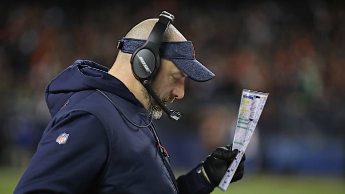 CHICAGO, IL - JANUARY 06: Head coach Matt Nagy of the Chicago Bears looks at his play sheet during an NFC Wild Card playoff game against the Philadelphia Eagles at Soldier Field on January 6, 2019 in Chicago, Illinois. The Eagles defeated the Bears 16-15. (Photo by Jonathan Daniel/Getty Images) CHICAGO, IL - JANUARY 06: Head coach Matt Nagy of the Chicago Bears looks at his play sheet during an NFC Wild Card playoff game against the Philadelphia Eagles at Soldier Field on January 6, 2019 in Chicago, Illinois. The Eagles defeated the Bears 16-15. (Photo by Jonathan Daniel/Getty Images)