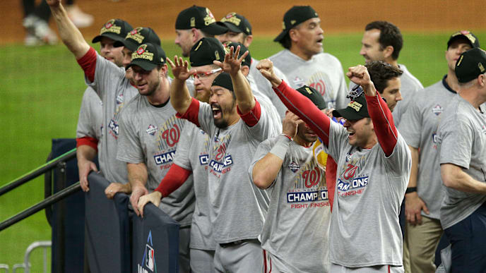 HOUSTON, TEXAS - OCTOBER 30: The Washington Nationals celebrate after defeating the Houston Astros in Game Seven to win the 2019 World Series at Minute Maid Park on October 30, 2019 in Houston, Texas. The Washington Nationals defeated the Houston Astros with a score of 6 to 2. (Photo by Bob Levey/Getty Images) HOUSTON, TEXAS - OCTOBER 30: The Washington Nationals celebrate after defeating the Houston Astros in Game Seven to win the 2019 World Series at Minute Maid Park on October 30, 2019 in Houston, Texas. The Washington Nationals defeated the Houston Astros with a score of 6 to 2. (Photo by Bob Levey/Getty Images)