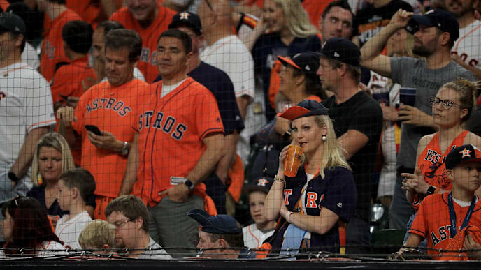 HOUSTON, TEXAS - OCTOBER 23: A Houston Astros fan reacts after the teams 12-3 loss to the Washington Nationals in Game Two of the 2019 World Series at Minute Maid Park on October 23, 2019 in Houston, Texas. (Photo by Mike Ehrmann/Getty Images) HOUSTON, TEXAS - OCTOBER 23: A Houston Astros fan reacts after the teams 12-3 loss to the Washington Nationals in Game Two of the 2019 World Series at Minute Maid Park on October 23, 2019 in Houston, Texas. (Photo by Mike Ehrmann/Getty Images)