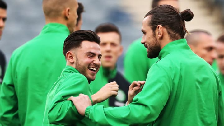 GLASGOW, SCOTLAND – NOVEMBER 27: Patrick Roberts and Logan Bailly of Celtic are seen prior to the Betfred Cup Final between Aberdeen and Celtic at Hampden Park on November 27, 2016 in Glasgow, Scotland. (Photo by Ian MacNicol/Getty Images)