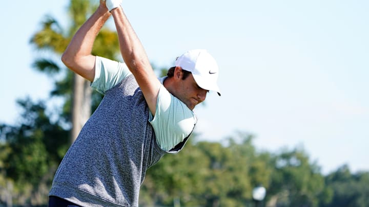 Nov 19, 2021; Sea Island, Georgia, USA; Scottie Scheffler plays his shot from the tenth tee during the second round of the RSM Classic golf tournament at Sea Island Golf Club – Plantation Course. Mandatory Credit: John David Mercer-USA TODAY Sports