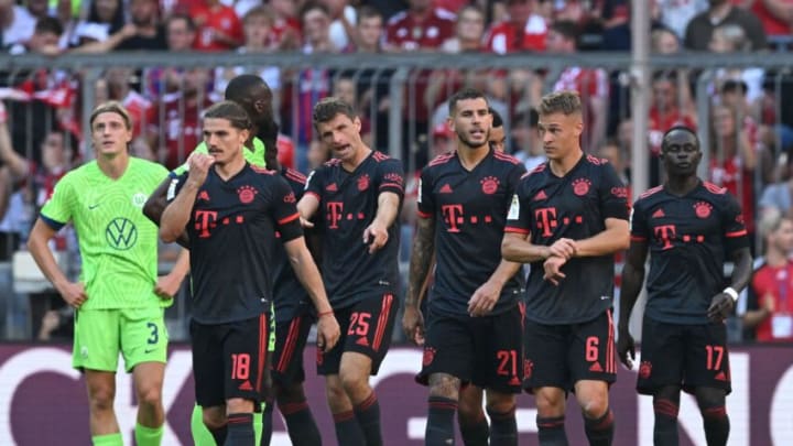 Bayern Munich players celebrating goal against Wolfsburg on Sunday.(Photo by KERSTIN JOENSSON/AFP via Getty Images)