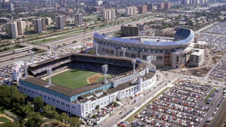 CHICAGO – 1990: (L-R) An aerial view of the old and new Comiskey Parks circa 1990 in Chicago, Illinois. (Photo by Getty Images)