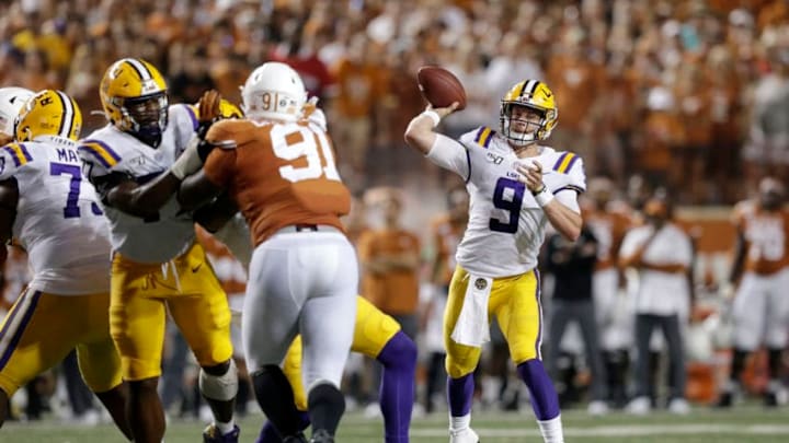 AUSTIN, TX - SEPTEMBER 07: Joe Burrow #9 of the LSU Tigers looks to pass in the fourth quarter against the Texas Longhorns at Darrell K Royal-Texas Memorial Stadium on September 7, 2019 in Austin, Texas. (Photo by Tim Warner/Getty Images)
