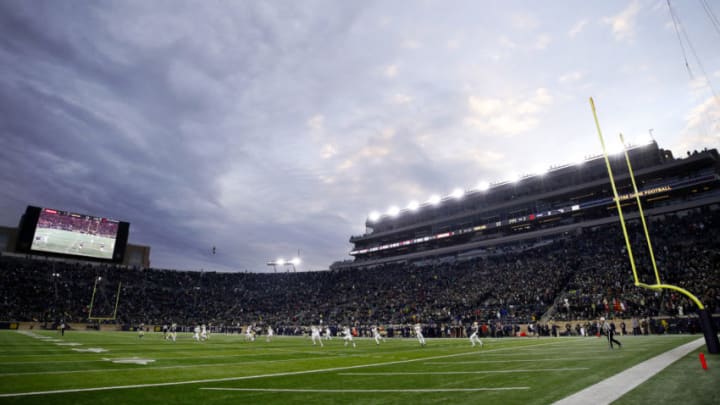 A general view from field level as the Notre Dame Fighting Irish play against the Boston College Eagles during a game at Notre Dame Stadium on November 23, 2019 in South Bend, Indiana. Notre Dame defeated Boston College 40-7. (Photo by Joe Robbins/Getty Images)
