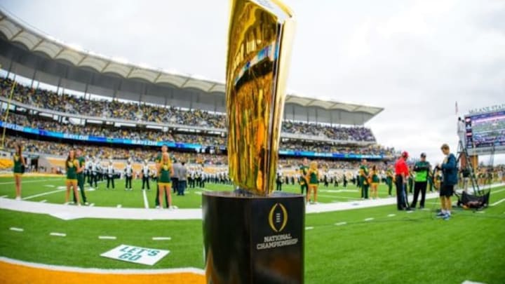 Oct 11, 2014; Waco, TX, USA; A view of the college football playoff national championship trophy before the game between the Baylor Bears and the TCU Horned Frogs at McLane Stadium. The Bears defeat Horned Frogs 61-58. Mandatory Credit: Jerome Miron-USA TODAY Sports