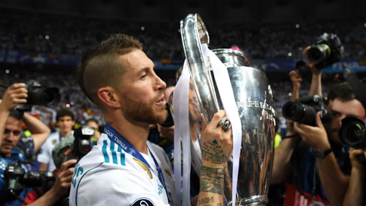 KIEV, UKRAINE - MAY 26: Sergio Ramos of Real Madrid celebrates with the UEFA Champions League Trophy following his sides victory in the UEFA Champions League Final between Real Madrid and Liverpool at NSC Olimpiyskiy Stadium on May 26, 2018 in Kiev, Ukraine. (Photo by Shaun Botterill/Getty Images)