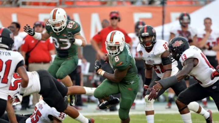 Miami Hurricanes' running back Duke Johnson gave Miami a 7-0 lead over the North Carolina Tar Heels in a huge ACC Coastal showdown Mandatory Credit: Steve Mitchell-USA TODAY Sports