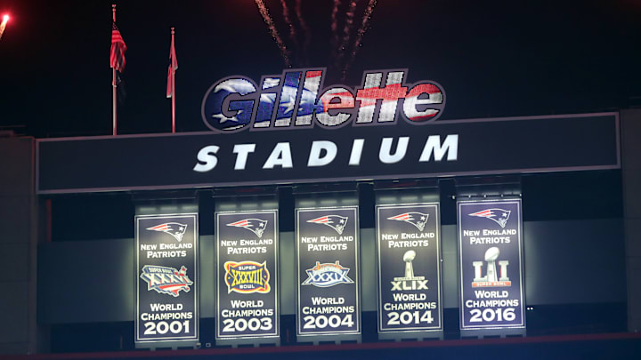 FOXBOROUGH, MA – SEPTEMBER 7: The New England Patriots’ 2016 Championship banner is unveiled with fireworks during a ceremony before the start of the game. The New England Patriots host the Kansas City Chiefs in the NFL regular season football opener at Gillette Stadium in Foxborough, MA on Sep. 7, 2017. (Photo by Barry Chin/The Boston Globe via Getty Images)