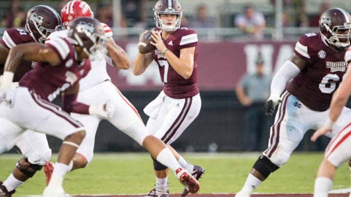 STARKVILLE, MS - SEPTEMBER 15: Quarterback Nick Fitzgerald #7 of the Mississippi State Bulldogs looks to throw a pass during the first quarter of their game against the Louisiana-Lafayette Ragin Cajuns on September 15, 2018 at Davis Wade Stadium in Starkville, Mississippi. (Photo by Michael Chang/Getty Images)