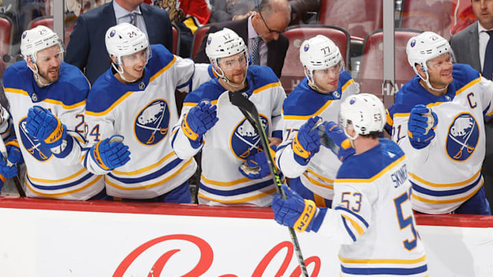 SUNRISE, FL - FEBRUARY 24: Teammates congratulate Jeff Skinner #53 of the Buffalo Sabres after he scored a third period goal against the Florida Panthers at the FLA Live Arena on February 24, 2023 in Sunrise, Florida. (Photo by Joel Auerbach/Getty Images)