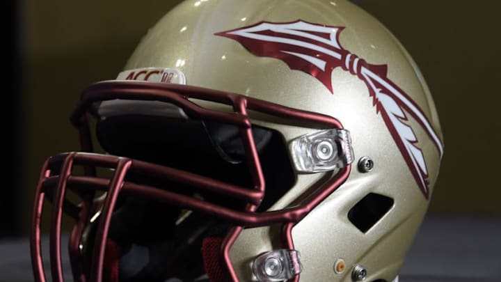 Dec 31, 2014; Los Angeles, CA, USA; Florida State Seminoles helmet at press conference at the L.A. Hotel Downtown in advance of the 2015 Rose Bowl. Mandatory Credit: Kirby Lee-USA TODAY Sports
