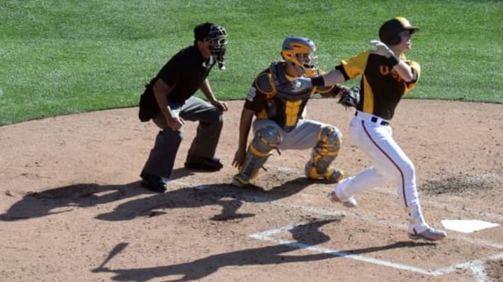 Jul 10, 2016; San Diego, CA, USA; USA batter Chance Sisco hits a solo home run during the All Star Game futures baseball game at PetCo Park. Mandatory Credit: Jake Roth-USA TODAY Sports