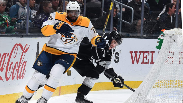 LOS ANGELES, CA – MARCH 14: P.K. Subban #76 of the Nashville Predators and Brendan Leipsic #14 of the Los Angeles Kings skate against each other during the first period of the game at STAPLES Center on March 14, 2019 in Los Angeles, California. (Photo by Andrew D. Bernstein/NHLI via Getty Images)