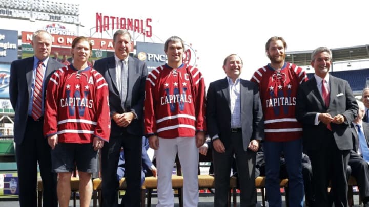 Brian MacLellan, Nicklas Backstrom, Dick Patrick, Alex Ovechkin, Gary Bettman, Braden Holtby, Ted Leonsis, Washington Capitals Mandatory Credit: Geoff Burke-USA TODAY Sports