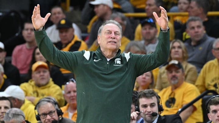 Feb 25, 2023; Iowa City, Iowa, USA; Michigan State Spartans head coach Tom Izzo reacts during the second half against the Iowa Hawkeyes at Carver-Hawkeye Arena. Mandatory Credit: Jeffrey Becker-USA TODAY Sports