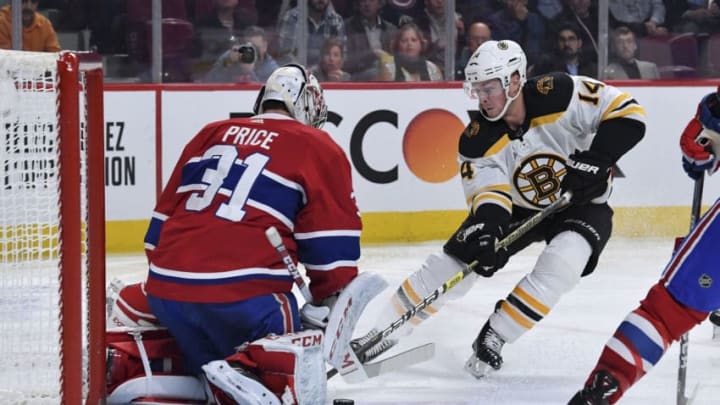 MONTREAL, QC - NOVEMBER 5: Carey Price #31 of the Montreal Canadiens makes a blocker save on a shot by Chris Wagner #14 of the Boston Bruins in the NHL game at the Bell Centre on November 5, 2019 in Montreal, Quebec, Canada. (Photo by Francois Lacasse/NHLI via Getty Images)