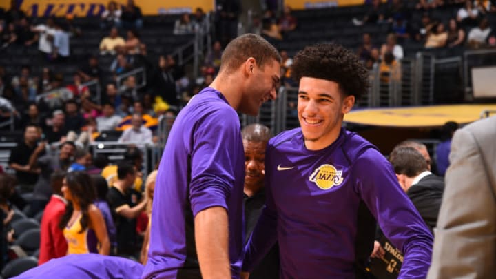 LOS ANGELES, CA - OCTOBER 10: Lonzo Ball #2 and Brook Lopez #11 of the Los Angeles Lakers are seen before a preseason game against the Utah Jazz on October 10, 2017 at STAPLES Center in Los Angeles, California. NOTE TO USER: User expressly acknowledges and agrees that, by downloading and/or using this Photograph, user is consenting to the terms and conditions of the Getty Images License Agreement. Mandatory Copyright Notice: Copyright 2017 NBAE (Photo by Andrew D. Bernstein/NBAE via Getty Images)