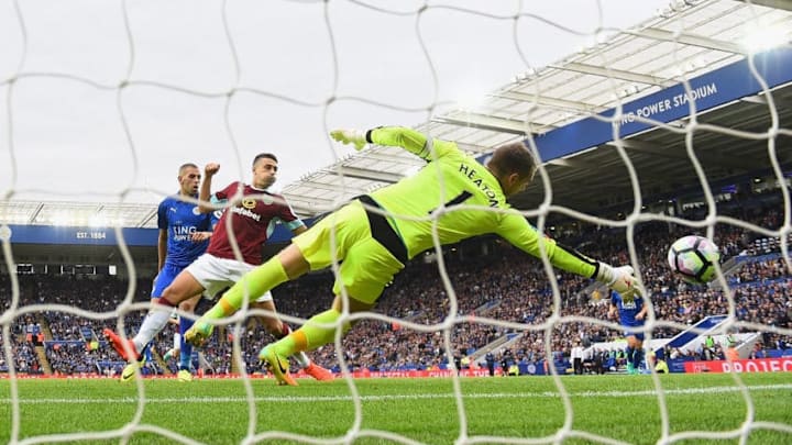 LEICESTER, ENGLAND - SEPTEMBER 17: Islam Slimani of Leicester City scores his sides second goal during the Premier League match between Leicester City and Burnley at The King Power Stadium on September 17, 2016 in Leicester, England. (Photo by Laurence Griffiths/Getty Images)