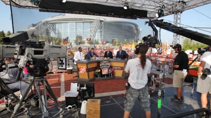 Sep 1, 2012; Arlington, TX, USA; A general view of the set of ESPN College Gameday before the game between the Alabama Crimson Tide and the Michigan Wolverines at Cowboys Stadium. From left Desmond Howard , Chris Fowler , Lee Corso and Kirk Herbstreit. Mandatory Credit: Kevin Jairaj-USA TODAY Sports