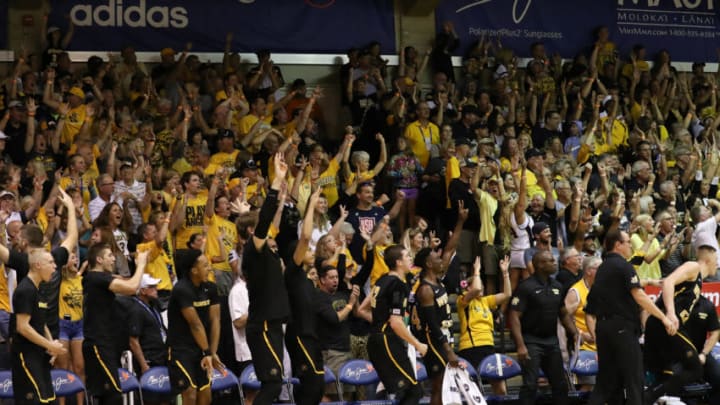 LAHAINA, HI - NOVEMBER 22: The Wichita State Shockers bench and fans celebrate a point during the first half of the game against the Notre Dame Fighting Irishat the Maui Invitational at the Lahaina Civic Center on November 22, 2017 in Lahaina, Hawaii. (Photo by Darryl Oumi/Getty Images)