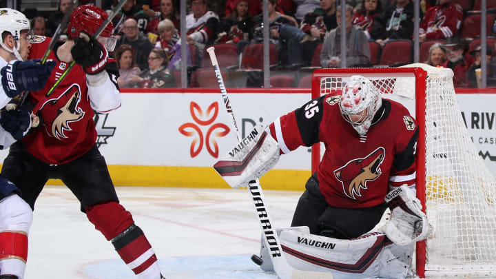 Goaltender Darcy Kuemper #35 of the Arizona Coyotes makes a save on a Florida Panthers shot.