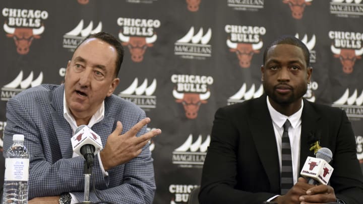 Jul 29, 2016; Chicago, IL, USA; Chicago Bulls guard Dwayne Wade (right) and Bulls general manager Gar Forman address the media during a press conference at Advocate Center. Mandatory Credit: David Banks-USA TODAY Sports