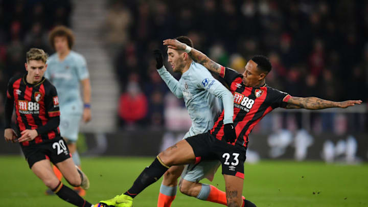 BOURNEMOUTH, ENGLAND - JANUARY 30: Nathaniel Clyne of AFC Bournemouth tackles Mateo Kovacic of Chelsea during the Premier League match between AFC Bournemouth and Chelsea FC at Vitality Stadium on January 29, 2019 in Bournemouth, United Kingdom. (Photo by Dan Mullan/Getty Images)