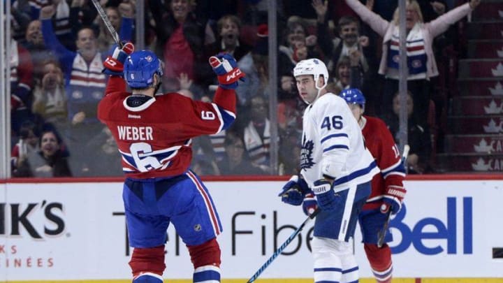 Oct 29, 2016; Montreal, Quebec, CAN; Montreal Canadiens defenseman Shea Weber (6) reacts after scoring a goal against the Toronto Maple Leafs during the third period at the Bell Centre. Mandatory Credit: Eric Bolte-USA TODAY Sports