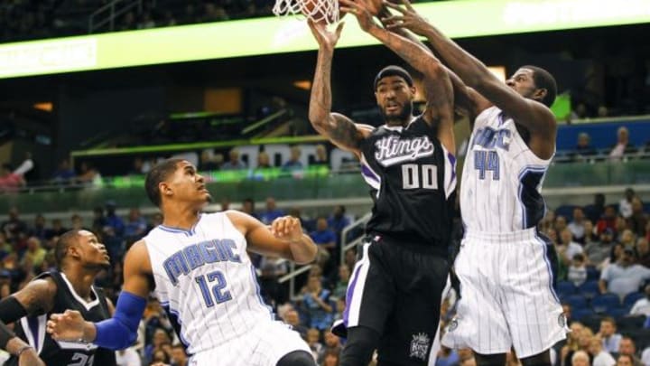 Nov 21, 2015; Orlando, FL, USA; Orlando Magic forward Andrew Nicholson (44) and Sacramento Kings center Willie Cauley-Stein (00) battle for a rebound during the second quarter of at Amway Center. Mandatory Credit: Reinhold Matay-USA TODAY Sports