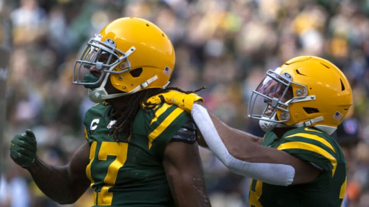 Oct 24, 2021; Green Bay, WI, USA; Green Bay Packers wide receiver Davante Adams (17) celebrates with Green Bay Packers wide receiver Randall Cobb (18) after scoring a touchdown in the first quarter against the Washington Football Team, Sunday, Oct. 24, 2021, at Lambeau Field in Green Bay, Wis. Mandatory Credit: Samantha Madar-USA TODAY Sports