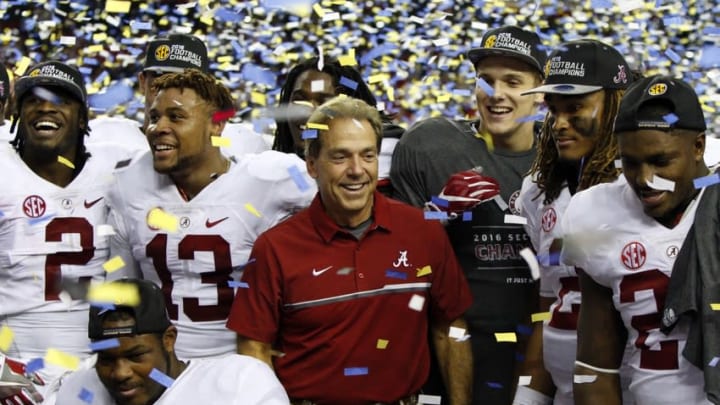 Dec 3, 2016; Atlanta, GA, USA; Alabama Crimson Tide head coach Nick Saban celebrates after the SEC Championship college football game against the Florida Gators at Georgia Dome. Alabama Crimson Tide won 54-16. Mandatory Credit: Brett Davis-USA TODAY Sports