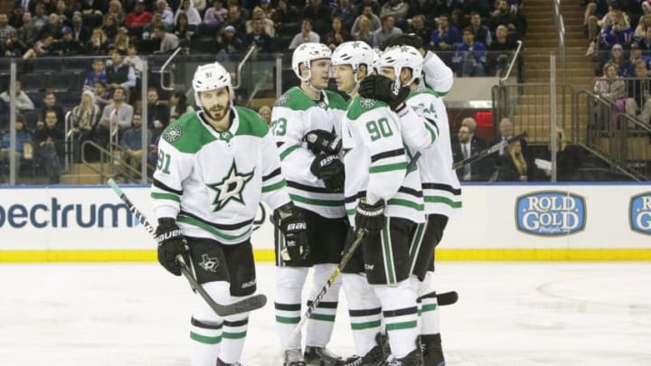 NEW YORK, NY - NOVEMBER 19: Stars players celebrate goal by Dallas Stars center Tyler Seguin (91) during the Dallas Stars and New York Rangers NHL game on November 19, 2018, at Madison Square Garden in New York, NY. (Photo by John Crouch/Icon Sportswire via Getty Images)