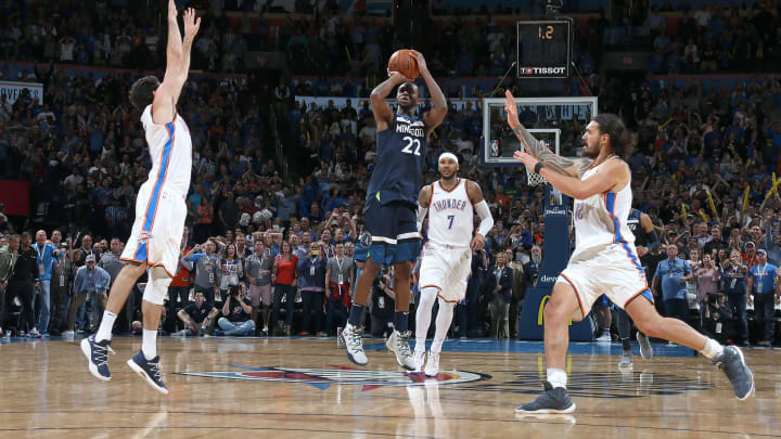 OKLAHOMA CITY, OK – OCTOBER 22: Andrew Wiggins #22 of the Minnesota Timberwolves shoots the winning shot during the game against the Oklahoma City Thunder on October 22, 2017 at Chesapeake Energy Arena in Oklahoma City, Oklahoma. NOTE TO USER: User expressly acknowledges and agrees that, by downloading and or using this photograph, User is consenting to the terms and conditions of the Getty Images License Agreement. Mandatory Copyright Notice: Copyright 2017 NBAE (Photo by Layne Murdoch/NBAE via Getty Images)
