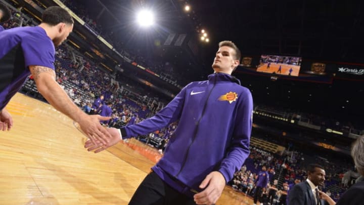 PHOENIX, AZ - NOVEMBER 19: Dragan Bender #35 of the Phoenix Suns gets introduced before the game against the Chicago Bulls on November 19, 2017 at Talking Stick Resort Arena in Phoenix, Arizona. NOTE TO USER: User expressly acknowledges and agrees that, by downloading and or using this photograph, user is consenting to the terms and conditions of the Getty Images License Agreement. Mandatory Copyright Notice: Copyright 2017 NBAE (Photo by Barry Gossage/NBAE via Getty Images)