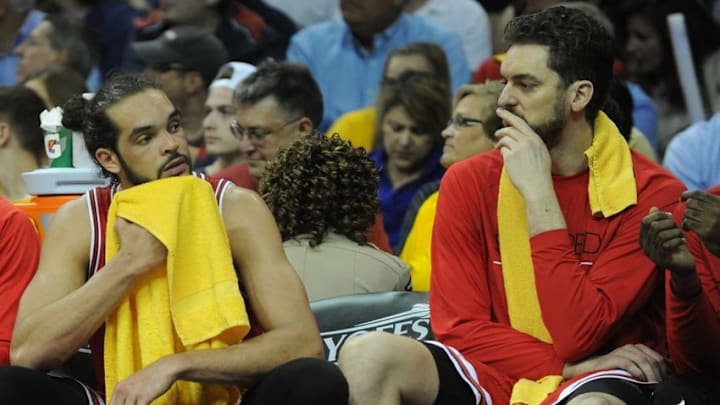 May 6, 2015; Cleveland, OH, USA; Chicago Bulls center Joakim Noah (13) and Chicago Bulls forward Pau Gasol (16) in game two of the second round of the NBA Playoffs at Quicken Loans Arena. Mandatory Credit: Ken Blaze-USA TODAY Sports