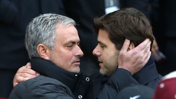 MANCHESTER, ENGLAND - DECEMBER 11: Manager Jose Mourinho of Manchester United greets Manager Mauricio Pochettino of Tottenham Hotspur ahead of the Premier League match between Manchester United and Tottenham Hotspur at Old Trafford on December 11, 2016 in Manchester, England. (Photo by Matthew Peters/Man Utd via Getty Images)