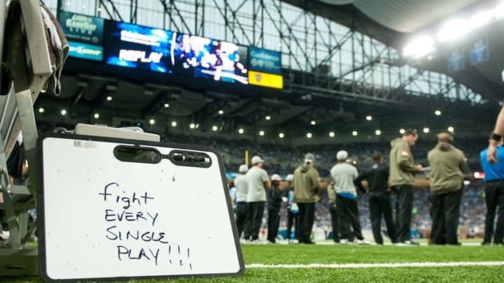 Nov 9, 2014; Detroit, MI, USA; A detailed view of a white board on the Detroit Lions sideline during the second quarter against the Miami Dolphins at Ford Field. Mandatory Credit: Tim Fuller-USA TODAY Sports