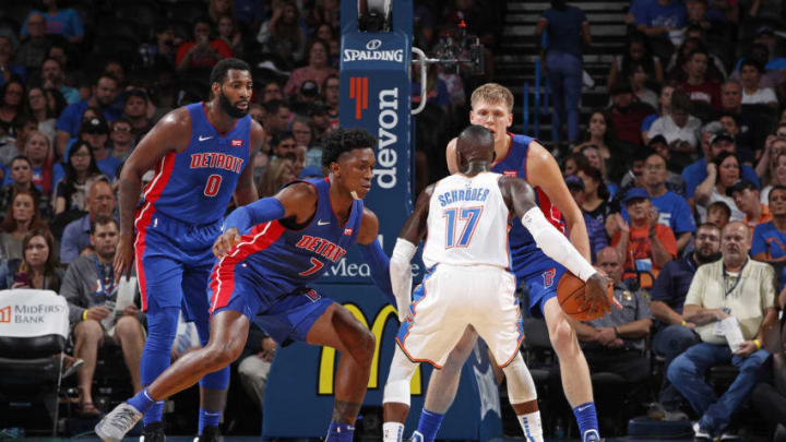 OKLAHOMA CITY, OK - OCTOBER 3: Dennis Schroder #17 of the Oklahoma City Thunder handles the ball against the Detroit Pistons during a pre-season game on October 3, 2018 at the Chesapeake Energy Arena in Oklahoma City, Oklahoma. NOTE TO USER: User expressly acknowledges and agrees that, by downloading and or using this photograph, User is consenting to the terms and conditions of the Getty Images License Agreement. Mandatory Copyright Notice: Copyright 2018 NBAE (Photo by Jeff Haynes/NBAE via Getty Images)