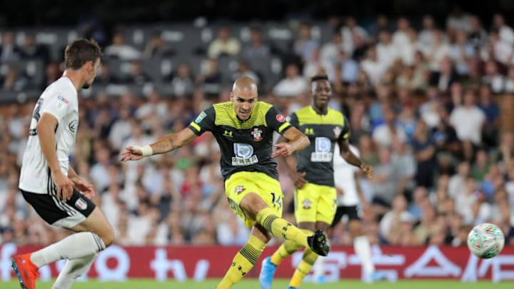 LONDON, ENGLAND – AUGUST 27: Oriol Romeu of Southampton shoots and misses during the Carabao Cup Second Round match between Fulham and Southampton at Craven Cottage on August 27, 2019 in London, England. (Photo by James Chance/Getty Images)