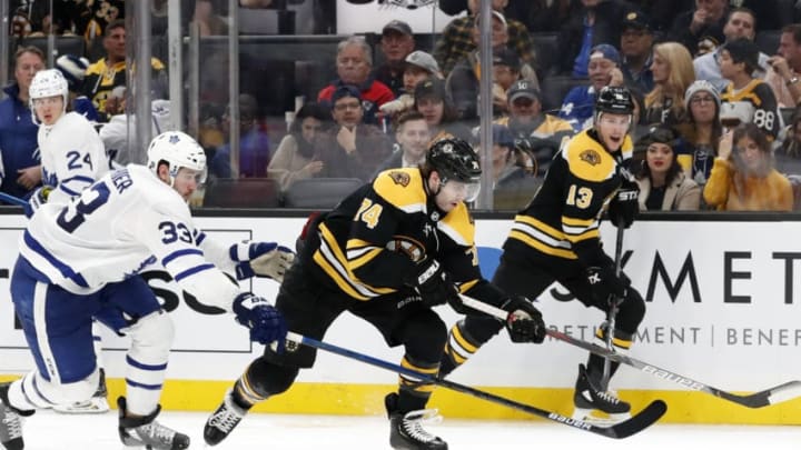 BOSTON, MA - OCTOBER 22: Toronto Maple Leafs right wing Frederik Gauthier (33) closes down Boston Bruins left wing Jake DeBrusk (74) during a game between the Boston Bruins and the Toronto Maple Leafs on October 22, 2019, at TD Garden in Boston, Massachusetts. (Photo by Fred Kfoury III/Icon Sportswire via Getty Images)