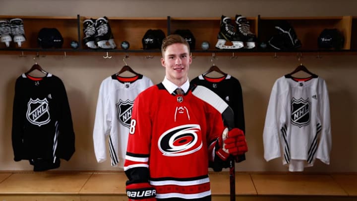 DALLAS, TX – JUNE 22: Andrei Svechnikov poses for a portrait after being selected second overall by the Carolina Hurricanes during the first round of the 2018 NHL Draft at American Airlines Center on June 22, 2018 in Dallas, Texas. (Photo by Jeff Vinnick/NHLI via Getty Images)