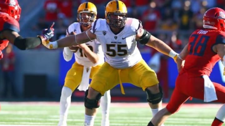 Nov 28, 2014; Tucson, AZ, USA; Arizona State Sun Devils offensive lineman Christian Westerman (55) against the Arizona Wildcats during the 88th annual territorial cup at Arizona Stadium. Mandatory Credit: Mark J. Rebilas-USA TODAY Sports
