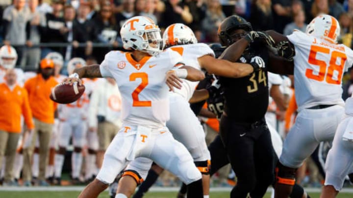 NASHVILLE, TN – NOVEMBER 24: Quarterback Jarrett Guarantano #2 of the Tennessee Volunteers drops back to throw a pass against the Vanderbilt Commodores during the first half at Vanderbilt Stadium on November 24, 2018, in Nashville, Tennessee. (Photo by Frederick Breedon/Getty Images)