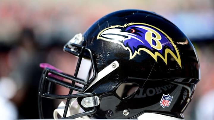Oct 26, 2014; Cincinnati, OH, USA; Baltimore Ravens helmet on the sidelines against the Cincinnati Bengals at Paul Brown Stadium. Bengals defeated the Ravens 27-24. Mandatory Credit: Andrew Weber-USA TODAY Sports