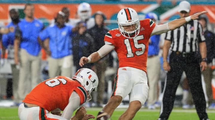 MIAMI GARDENS, FL - OCTOBER 15: Michael Badgley #15 of the Miami Hurricanes kicks a field goal during a game against the North Carolina Tar Heels at Hard Rock Stadium on October 15, 2016 in Miami Gardens, Florida. (Photo by Mike Ehrmann/Getty Images)