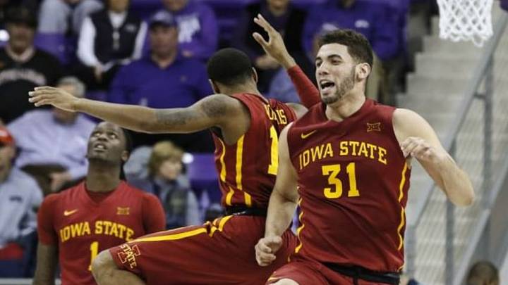 Jan 23, 2016; Fort Worth, TX, USA; Iowa State Cyclones guard Monte Morris (11) and forward Georges Niang (31) celebrate forcing the TCU Horned Frogs into a timeout during the second half at Ed and Rae Schollmaier Arena. Iowa State won 73-60. Mandatory Credit: Ray Carlin-USA TODAY Sports