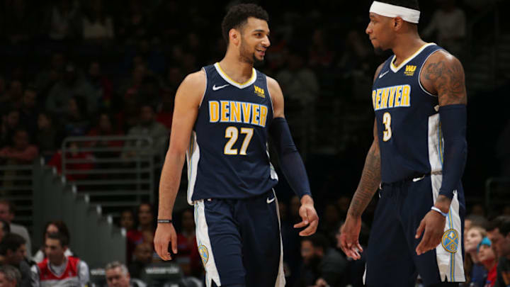 WASHINGTON, DC - MARCH 23: Jamal Murray #27 and Torrey Craig #3 of the Denver Nuggets during the game against the Washington Wizards on March 23, 2018 at Capital One Arena in Washigton, DC. NOTE TO USER: User expressly acknowledges and agrees that, by downloading and or using this Photograph, user is consenting to the terms and conditions of the Getty Images License Agreement. Mandatory Copyright Notice: Copyright 2018 NBAE (Photo by Ned Dishman/NBAE via Getty Images)