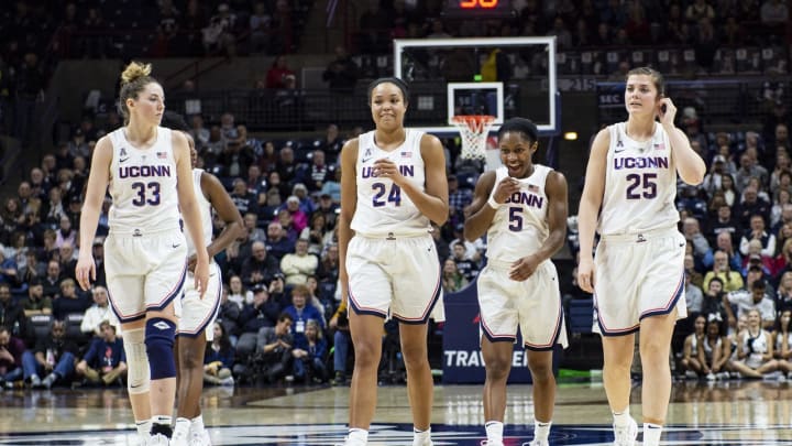 STORRS, CT – JANUARY 23: Connecticut Huskies Guard / Forward Katie Lou Samuelson (33) and Connecticut Huskies Forward Napheesa Collier (24) and Connecticut Huskies Guard Crystal Dangerfield (5) and Connecticut Huskies Forward Kyla Irwin (25) walk up the court during the second half of the SMU Mustangs versus the Connecticut Huskies game on January 22, 2019, at Harry A. Gampel Pavilion in Storrs, CT. (Photo by Gregory Fisher/Icon Sportswire via Getty Images)
