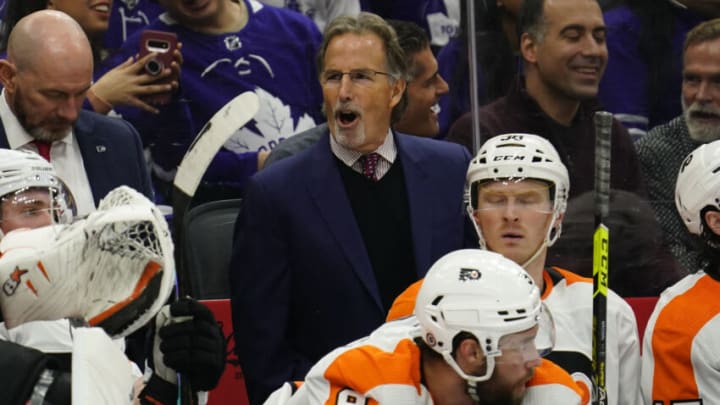 Dec 22, 2022; Toronto, Ontario, CAN; Philadelphia Flyers head coach John Tortorella talks to his team during the third period against the Toronto Maple Leafs at Scotiabank Arena. Mandatory Credit: John E. Sokolowski-USA TODAY Sports